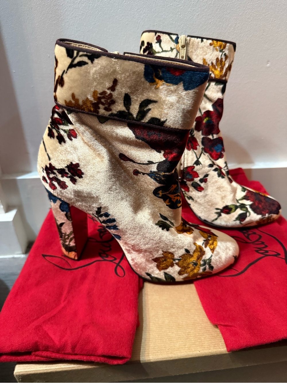 Velvet Floral Ankle Boots in Ivory and Multicolor